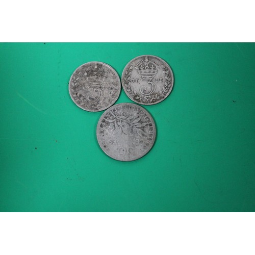 45 - 1915 3PENCE, 1918 3PENCE AND SILVER FRENCH COIN