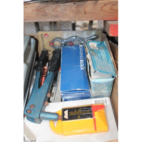 110 - BOX OF ASSORTED TOOLS AND RIVET GUN