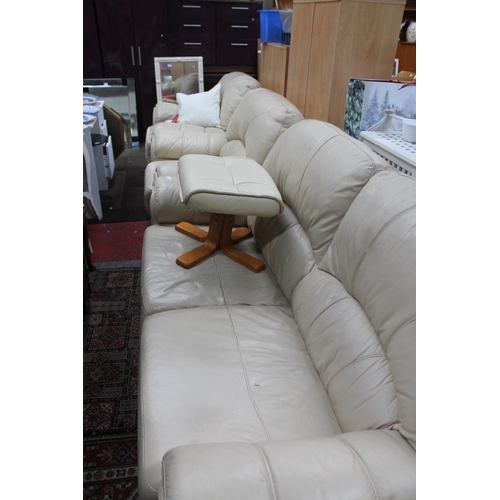 740 - 2 SEATER LEATHER CREAM SETTEE, 2 ARM CHAIRS AND A FOOT STOOL