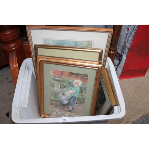 751 - BOX OF ASSORTED FRAMED AND GLAZED PICTURES