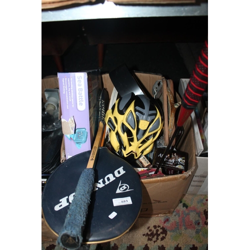 883 - BOX OF BADMINTON AND TENNIS RACKETS AND GAMES