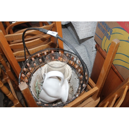 897 - WIRE BASKET AND CHINAWARE