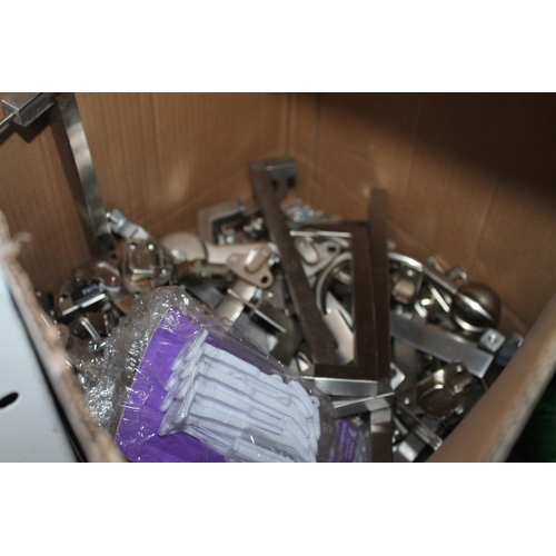 104 - BOX OF KITCHEN HINGES AND HANDLES ETC