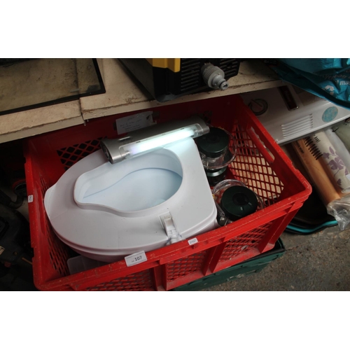 107 - BOX OF LIGHTS, TOILET SEAT