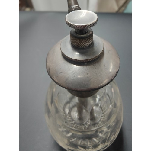 102 - STERLING SILVER ETCHED GLASS ATOMISER   (NEEDS ATTENTION TO SPRAYER)  VERY STIFF