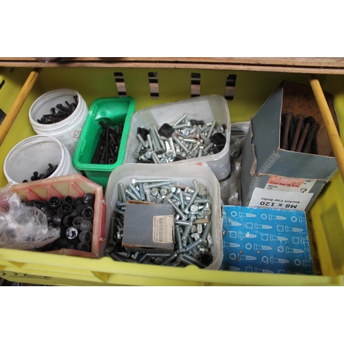 154 - LARGE YELLOW BOX OF ASSORTED BOLTS, SCREWS AND FITTINGS