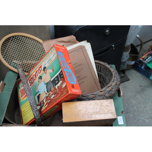 253 - BOX OF WICKER, JAM PAN AND VINTAGE HOME SCIENCE KIT