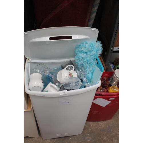 295 - LARGE TUB OF GLASSWARE, CUPS AND DUSTERS