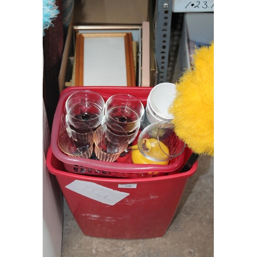 296 - LARGE TUB OF GLASSWARE, CUPS AND DUSTERS