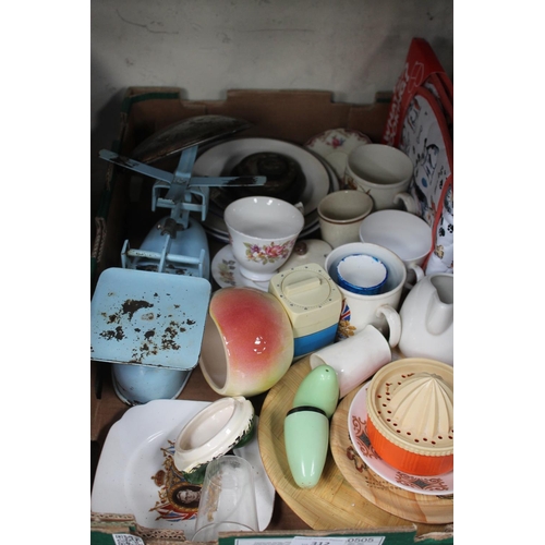 312 - BOX OF ASSORTED CHINA AND KITCHEN ITEMS, SCALES, LEMON SQUEEZER ETC