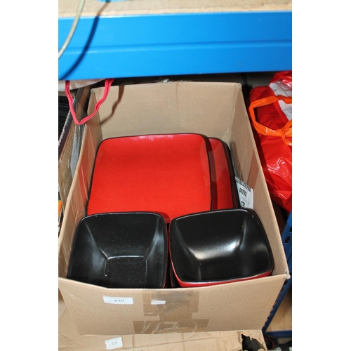 330 - BOX OF RED AND BLACK BOWLS AND PLATES