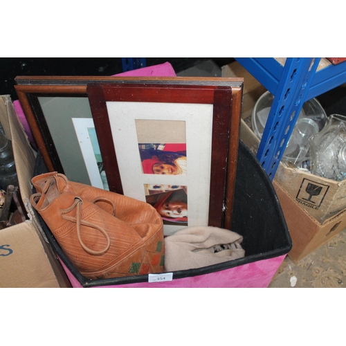 354 - BOX OF TINS, PICTURE FRAMES AND LEATHER BAGS