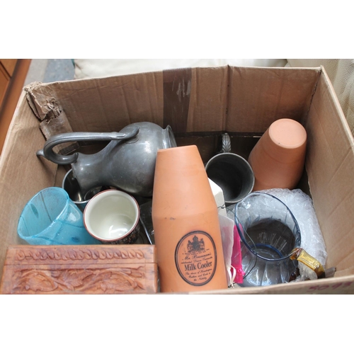 355 - BOX OF VASES, JUGS AND PEWTER ITEMS