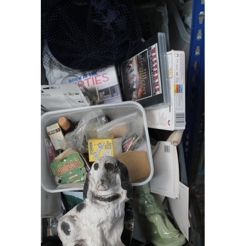 373 - BOX OF ASSORTED DVDS, BOOKS, CDS AND A PLASTER DOG