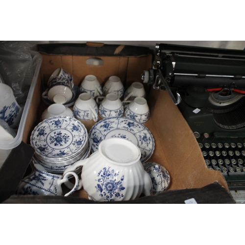 381 - BOX OF JOHNSON BROTHERS PLATES, CUPS, SAUCERS AND TEAPOT