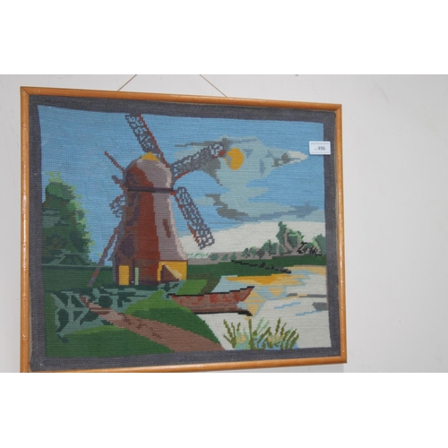 496 - FRAMED AND GLAZED WINDMILL NEEDLEWORK