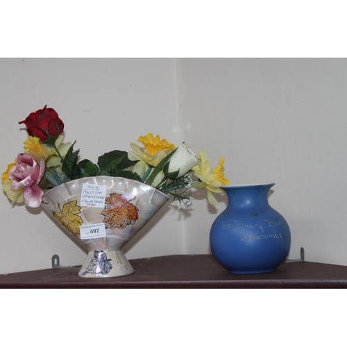 497 - 1960s FAN VASE WITH FLOWERS PLUS BLUE DEVON VASE