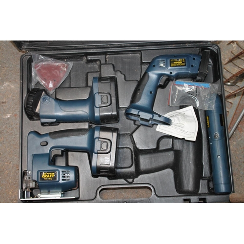 50 - POWERCRAFT TOOL SET, INCLUDING JIGSAW, TORCH DETAIL SANDER AND A SCREWDRIVER, DRILL BITS, BLADES AND... 