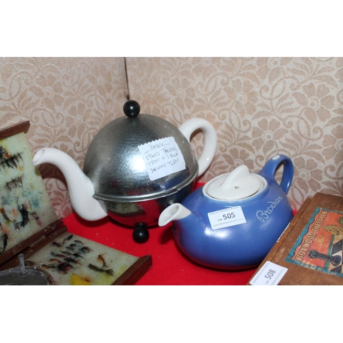 505 - 1960S THERMAL TEAPOT AND BLUE DEVON TEAPOT