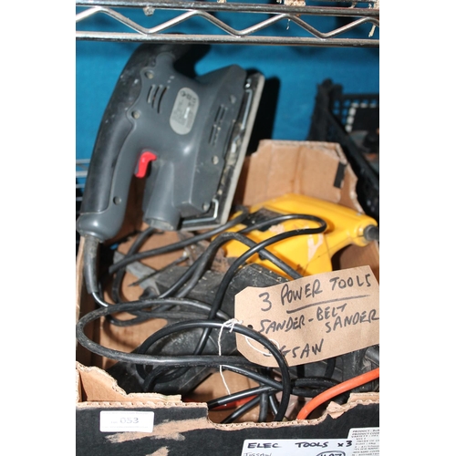 53 - BOX OF ELECTRICAL TOOLS, JIGSAW, BELT SANDER AND SANDER