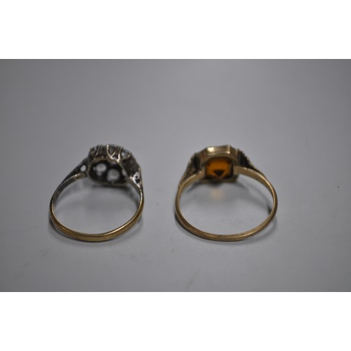 97 - 2 X 9CT GOLD RINGS  3.87G   SIZE M  CLUSTER  AND   SIZE P