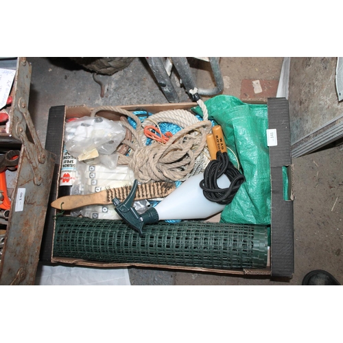 141 - BOX OF GARDEN ITEMS AND ROPES