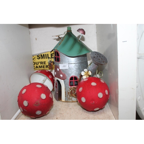 97 - NOVELTY GARDEN WATERING CAN AND 3 X GARDEN MUSHROOMS