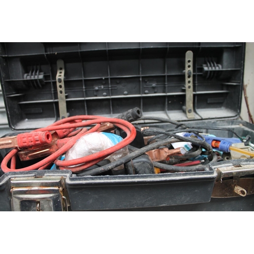 12 - BLACK PLASTIC TOOL BOX WITH CONTENTS INCLUDING JUMP LEADS, WIRING AND SCREWDRIVERS