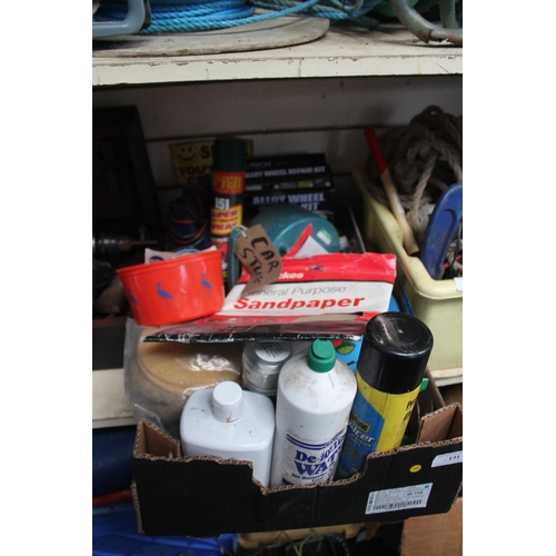 131 - MIXED BOX OF DE-ICER, SANDPAPER AND MAINTENANCE SPRAY