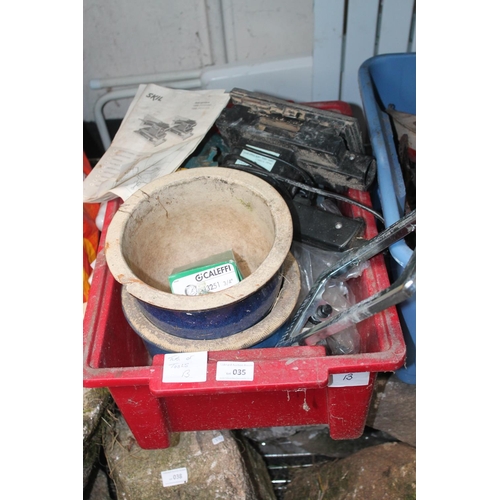 35 - LARGE BOX OF ASSORTED ELECTRICAL TOOLS AND PLANTERS