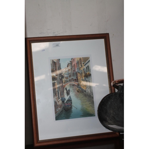 509 - FRAMED AND GLAZED PICTURE, POSSIBLY WATERCOLOUR OF GONDOLAS