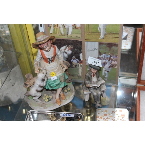 667 - 2 X CERAMIC FIGURINES ( 1 X DOG AND 1 X GENT READING A NEWSPAPER)