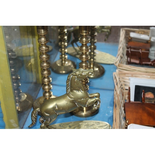 669 - BRASS REARING HORSE AND 2 X BRASS VERY HEAVY CANDLESTICKS