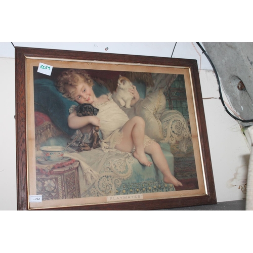 762 - FRAMED AND GLAZED VICTORIAN CHILD AND CAT PRINT