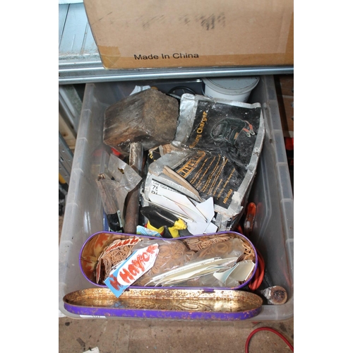 107 - VERY LARGE BOX OF MIXED TOOLS INCLUDING A BOXED BATTERY CHARGER, EXTENSION LEAD ETC