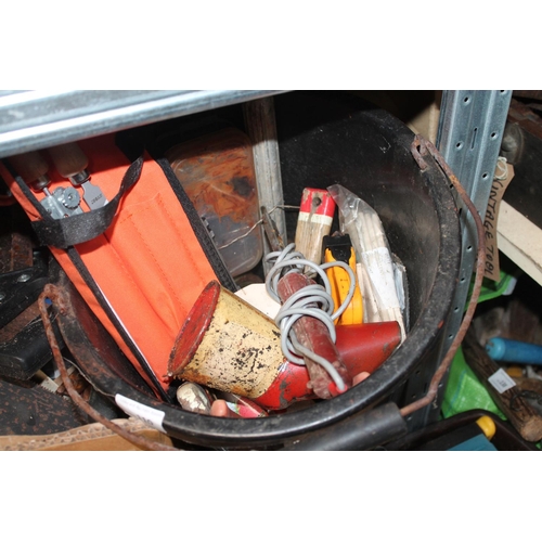 110 - BUCKET OF MISCELLANEOUS TOOLS INCLUDING HARDWARE AND STIHL SHARPENING KIT