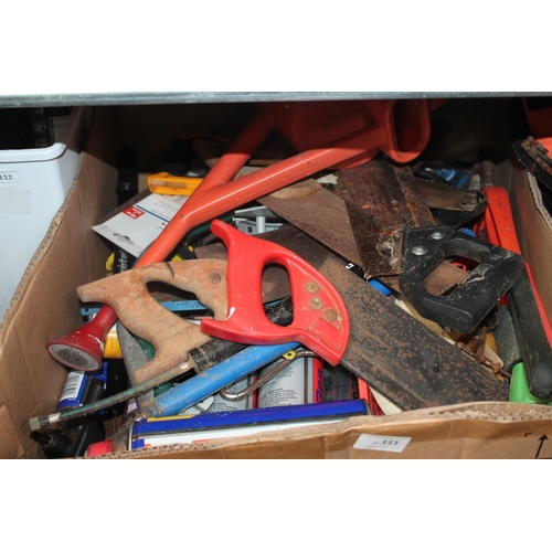 111 - LARGE BOX OF HANDTOOLS AND CAMPING GAS CANISTERS