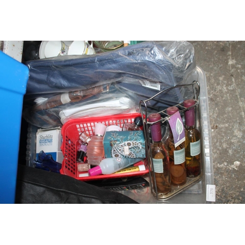 378 - BOX OF MISCELLANEOUS HOUSEHOLD AND NEW BAGS INCLUDING PERFUMES, SMELLIES ETC