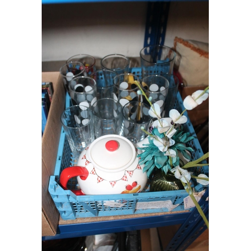 404 - CRATE OF ASSORTED GLASSES, TEAPOT ETC