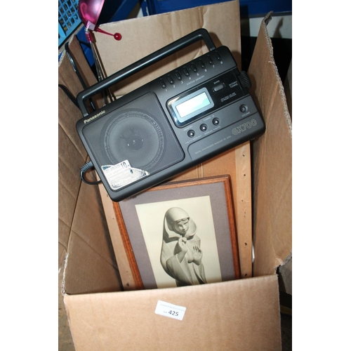 425 - BOX OF MIXED PICTURES AND FRAMES AND 2 X VINTAGE RADIOS