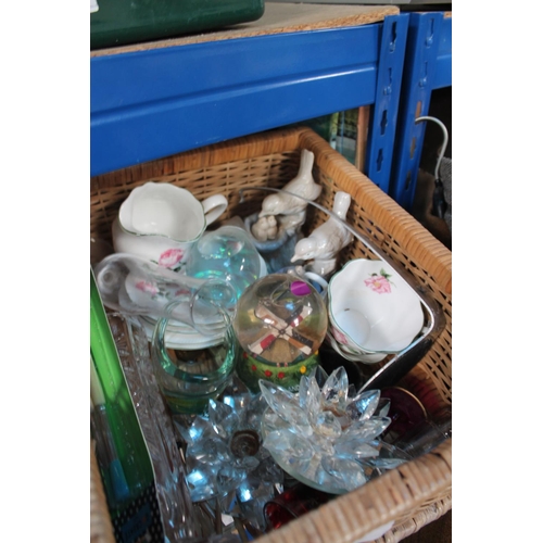 458 - WICKER BASKET OF CHINA AND COLLECTABLES ETC