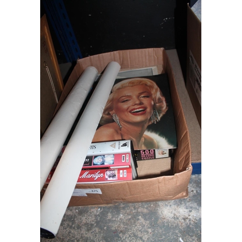 475 - MARILYN MONROE COLLECTABLE ITEMS, POSTERS, PORTRAITS, PUZZLES ETC