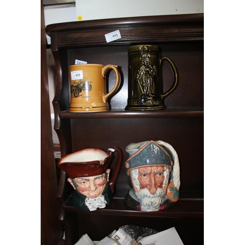 492 - 2 X CHARACTER JUGS AND 2 X CERAMIC TANKARDS