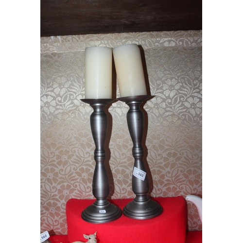 563 - PAIR OF BRUSHED GUNMETAL GREY CANDLES AND STANDS