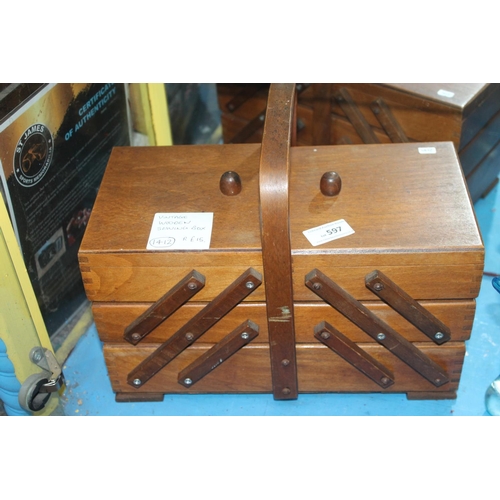 597 - VINTAGE WOODEN CANTI-LEVER SEWING BOX