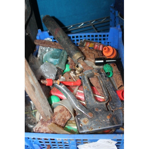 61 - MUSHROOM CRATE OF TOOLS INCLUDING CLAMP, STAPLER AND LUMP HAMMER ETC