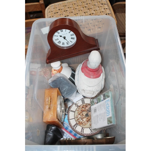 859 - LARGE BOX OF HOUSEHOLD ITEMS INC CLOCKS AND COOKIE JARS ETC