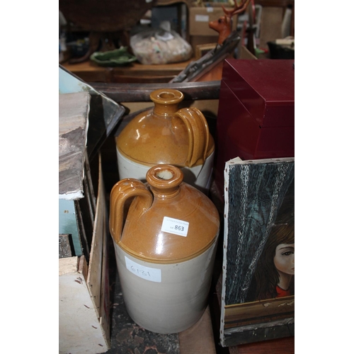 863 - 2 LARGE STONE SALT GLAZED FLAGONS