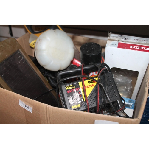 101 - BOX CONTAINING FLOOD LIGHTS, BATTERY CHARGER, SMALL SOLAR PANEL AND A DRILL