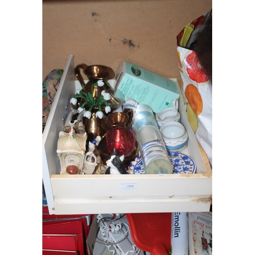 293 - DRAWER OF MIXED GLASSWARE, CHINAWARE AND A CAT ORNAMENT